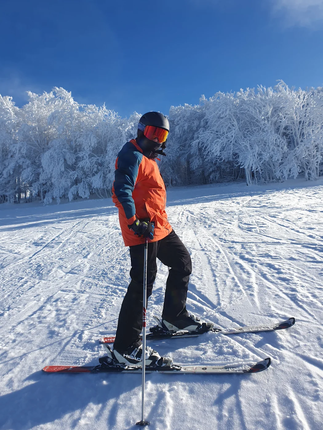 Un jeune skieur en veste orange sur la piste, au soleil